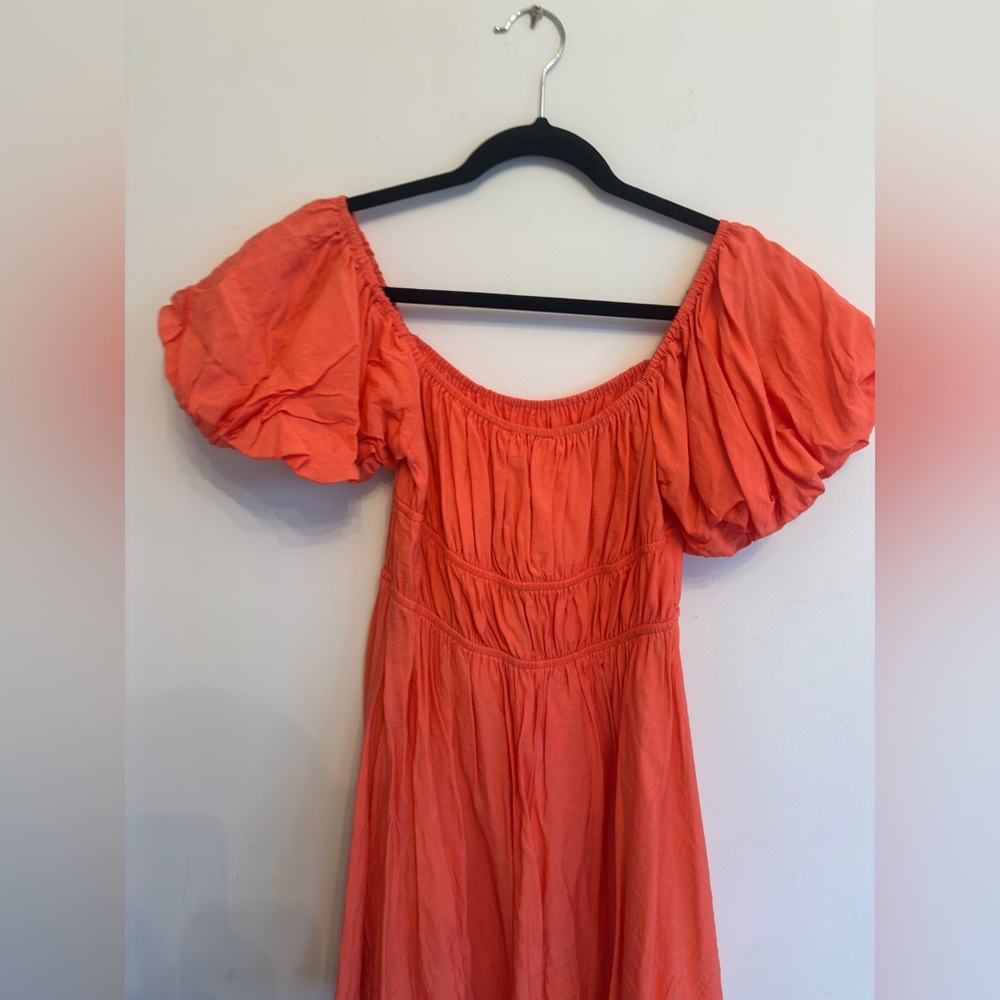 American Threads Coral Puff Sleeve Mini Dress